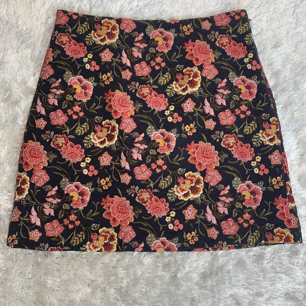 Loft Brocade Floral Mini Skirt Gray Pink Sz 6